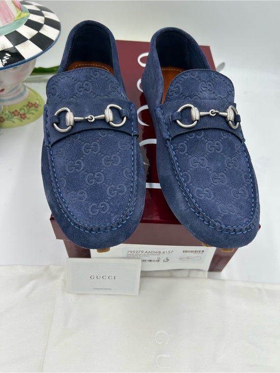 Men\'s Gucci GG embossed blue suede driver loafers size 9 fits 10 US made Italy main image 5